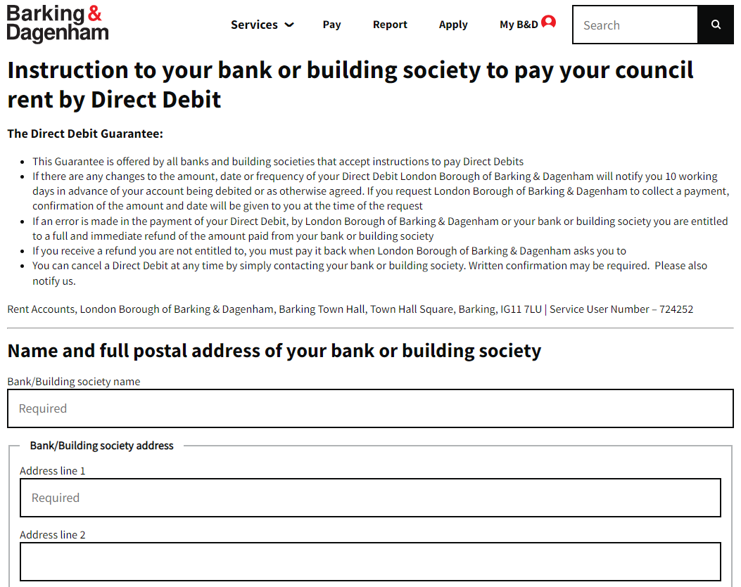 Screenshot of Rent Direct Debit form